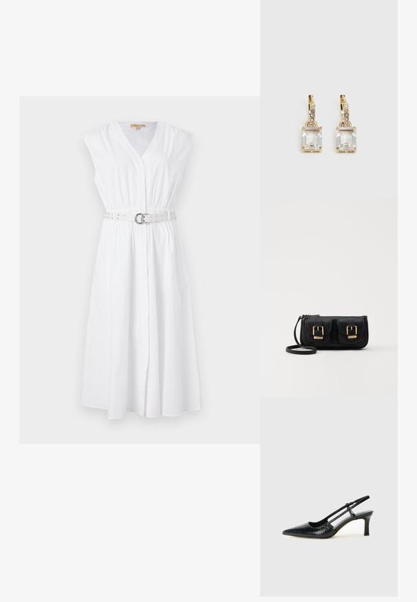 Hvid ærmeløs kjole med V-hals, indsnævret talje og et dekorativt bælte med sølvnitter og en cirkulær spænde. Glat bomuldsstof.; Sorte patent slingback hæl med spids tå, prydet med tekstureret slangeskindsmønster, justerbar rem og en kort, tekstureret blokhæl.; Sort læder crossbody taske med to frontlommer, guldspænder, lynlåslukning og en slank rem. Struktureret overflade og kompakt rektangulær form.; Guldtonede øreringe med et rektangulært, klart krystal, der hænger under en række af små, runde klare accenter. Elegant, moderne design.