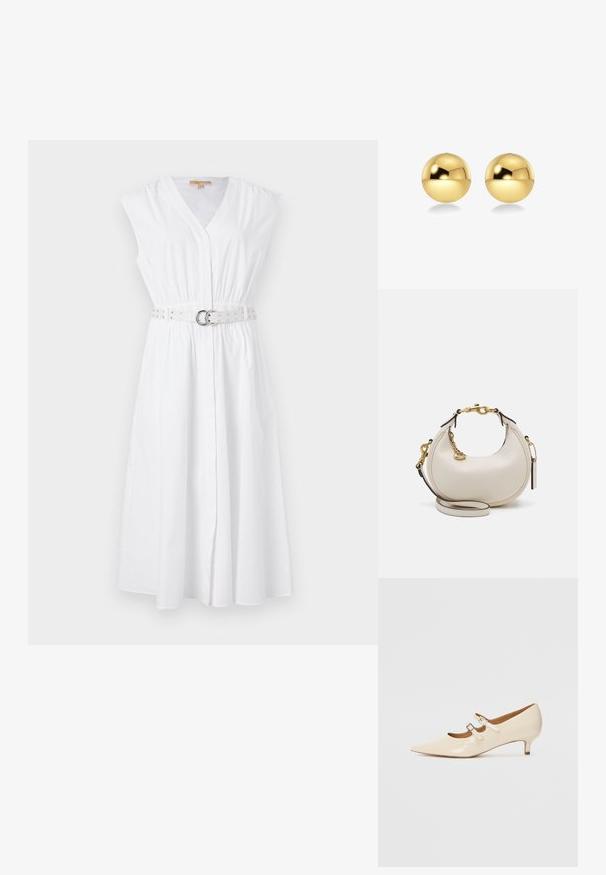 Abito bianco senza maniche con scollo a V, vita stretta e una cintura decorativa con borchie argentate e una fibbia circolare. Tessuto di cotone liscio.; Scarpe Mary Jane in pelle verniciata beige con due fibbie regolabili, punta affusolata e tacco basso. Texture liscia con una finitura lucida.; Borsa a mano in pelle crema a forma di mezzaluna, con accessori in oro, dettagli neri e una tracolla rimovibile. Presenta una dettagli in catena e un'etichetta.; Orecchini sferici color oro con una superficie lucida e riflettente. Il design è semplice e liscio, creando un aspetto moderno e minimalista.