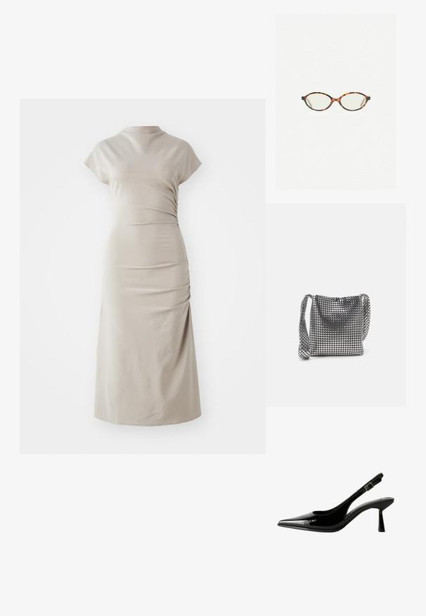 Beżowa sukienka midi wykonana z miękkiego materiału, z wysokim dekoltem, krótkimi rękawami i zaszewkami po bokach, tworząca dopasowaną sylwetkę.; Czarne lakierowane pantofle na obcasie typu slingback z ostrym noskiem, wyciętymi bokami, regulowanym paskiem na kostce i cienkim, smukłym obcasem.; Okulary w kolorze tortoiseshell z owalnymi soczewkami i gładkim, eleganckim wykończeniem. Posiadają cienkie boki z delikatnym łukiem w okolicy skroni. Przezroczyste soczewki.; Metaliczna srebrna torebka o siatkowym wzorze, składająca się z małych okrągłych dysków, z paskiem na ramię i miękkim, zaokrąglonym kształtem.