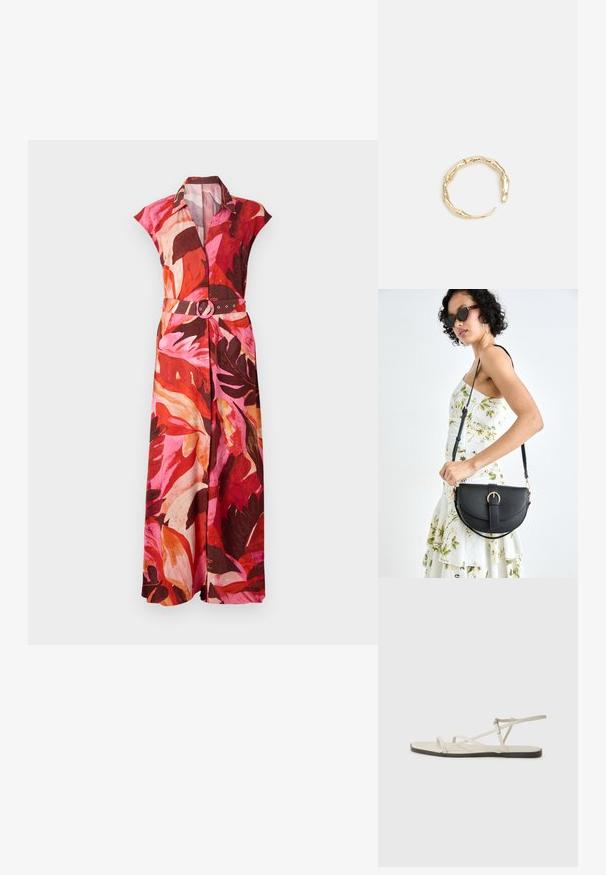 Gėlėtas maksi suknelė su trumpomis rankovėmis, pasižyminti ryškia rožine ir raudona spalvų palete, diržu su apvaliu sagtimi ir apykakle.; Bežiniai plokšti sandalai su keliais lieknais dirželiais ir reguliuojamu užsegimu. Padas plokščias, su lengvu tamsiu kontrastu krašte.; Juodas odinis krepšys su išlenkta forma, nuimamu dirželiu ir auksiniais detalėmis. Krepšys turi kilpą su sagtimi.; Auksinės spalvos žiedas, turintis organišką, sukimosi dizainą su lygiu paviršiumi ir siaurėjančiais galais, sukuriantis modernią skulptūrinę išvaizdą.