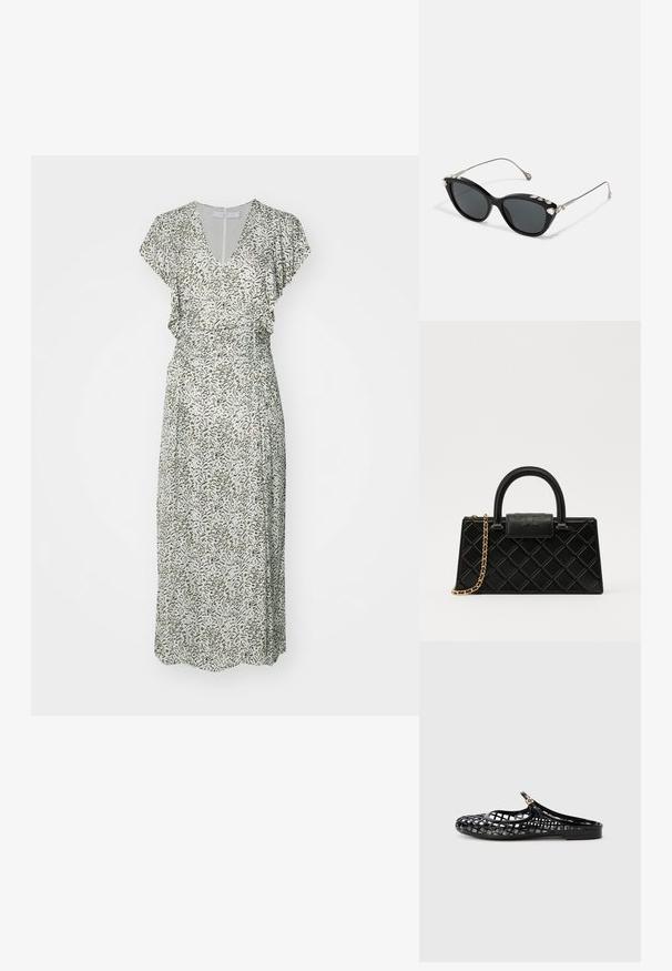 Vestido maxi, con escote en V, mangas de murciélago, patrón abstracto en verde y beige, cintura ceñida, tela fluida, longitud a medio gemelo.; Tory Burch MELLOW MARY JANE - Sandalias planas - perfect black/gold; Gafas de sol negras con forma de ojo de gato y lentes grises, con un marco de metal y adornos de strass a lo largo del borde superior. Diseño minimalista con líneas elegantes.; Bolso negro hecho de cuero texturizado, con un patrón de diamantes, cadena de tono dorado y un asa superior con un cierre de tapa con el logo en relieve.