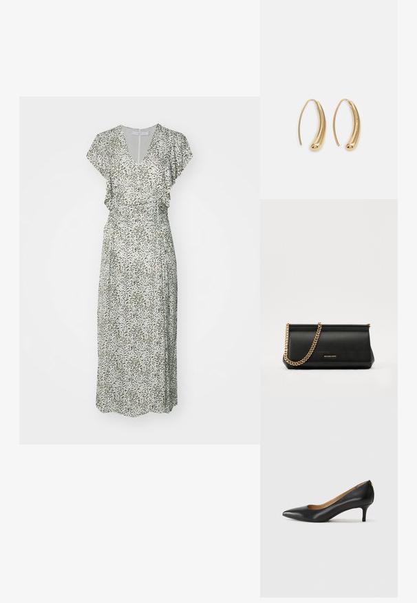 Maxi dress, V-neck, flutter sleeves, green and beige abstract pattern, fitted waist, flowing fabric, mid-calf length.; Black leather pump with a pointed toe, low heel, and a smooth texture. Features a slight opening at the front and minimal hardware at the back.; Black leather clutch bag with a gold chain strap, featuring a smooth texture, rectangular shape, and embossed branding on the front.; Gold-tone metal hoop earrings with a curved, elongated shape. Features a smooth, shiny surface and a rounded tip for added detail.