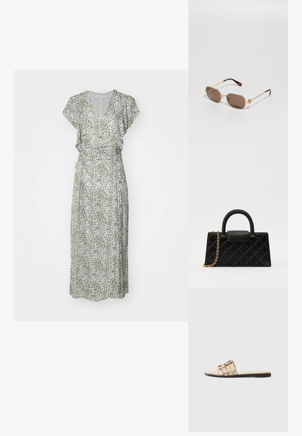 Maxikjole, V-hals, lette ærmer, grøn og beige abstrakt mønster, tætsiddende talje, flydende stof, længde til midt på lægen.; Guld slide sandal med tre vandrette stropper. Flad sål og glat materialetekstur, med åben tå-design.; Tory Burch Solbriller - shiny gold-coloured; Sorte håndtaske lavet af tekstureret læder, med et diamantmønster, guldfarvet kædetræk, og et topgreb med en logo-præget klaplås.