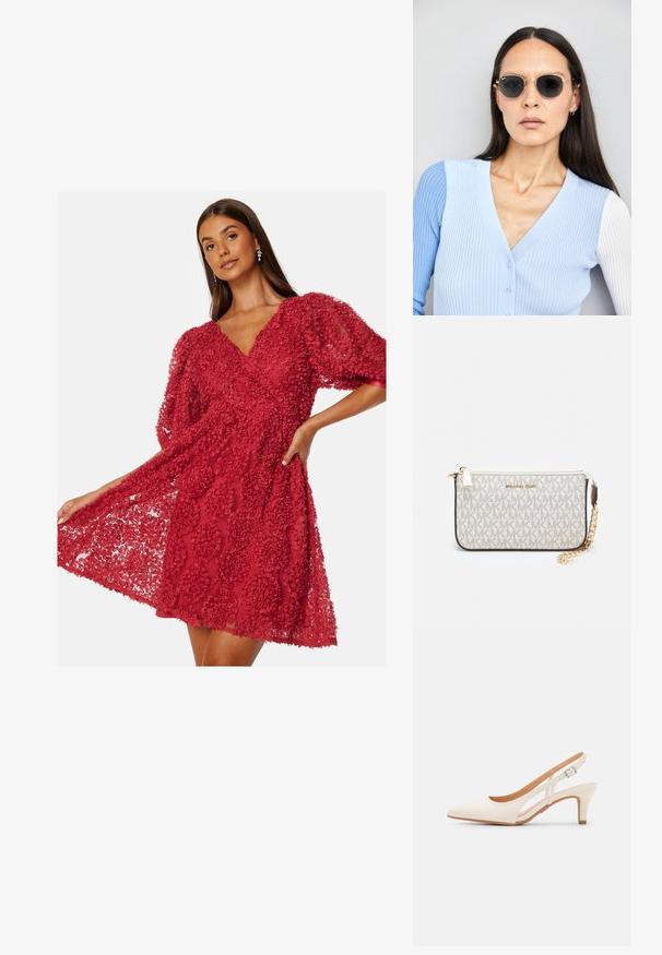 Czerwona sukienka z teksturowanej tkaniny w kwiatowy wzór. Posiada krótkie, bufiaste rękawy oraz dekolt w kształcie litery V. Rozszerzona krawędź.; Biała szpilka slingback z ostrym noskiem, gładkim materiałem wierzchnim, niskim obcasem blokowym oraz wycięciami po bokach i regulowanym paskiem z klamrą.; Okrągłe okulary przeciwsłoneczne z ciemnymi soczewkami i złotymi ramkami. Modelka nosi jasnoniebieski kardigan w prążki z guzikami i białymi rękawami w kontrastowym kolorze.; Portfel na nadgarstek marki Michael Kors w beżowej, pokrytej płótnem, z powtarzającym się wzorem logo MK, złotym okuciem i odpinanym łańcuszkowym paskiem.