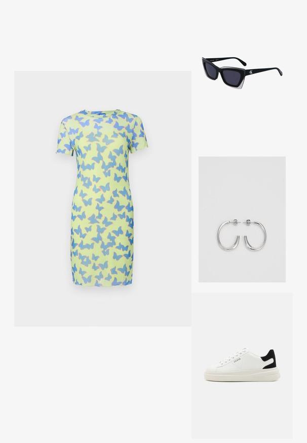 Haljina kratkih rukava od svijetlozelene tkanine, s uzorkom leptira u plavoj i ružičastoj boji. Glatka tekstura s prilagođenim siluetom.; Bijele kožne tenisice s debelim bijelim potplatom, crnim zamšastim akcentom na peti i ugraviranim logom sa strane. Dizajn s vezicama i šest rupa za vezivanje.; Crne oversize sunčane naočale geometrijskog oblika, s tamnim staklima i kontrastnom sivom dekoracijom na okviru. Logo na dršci.; Srebro naušnice u obliku prstena s glatkom, sjajnom završnom obradom. Zaobljenog oblika, laganog dizajna, s kopčom na poleđini.