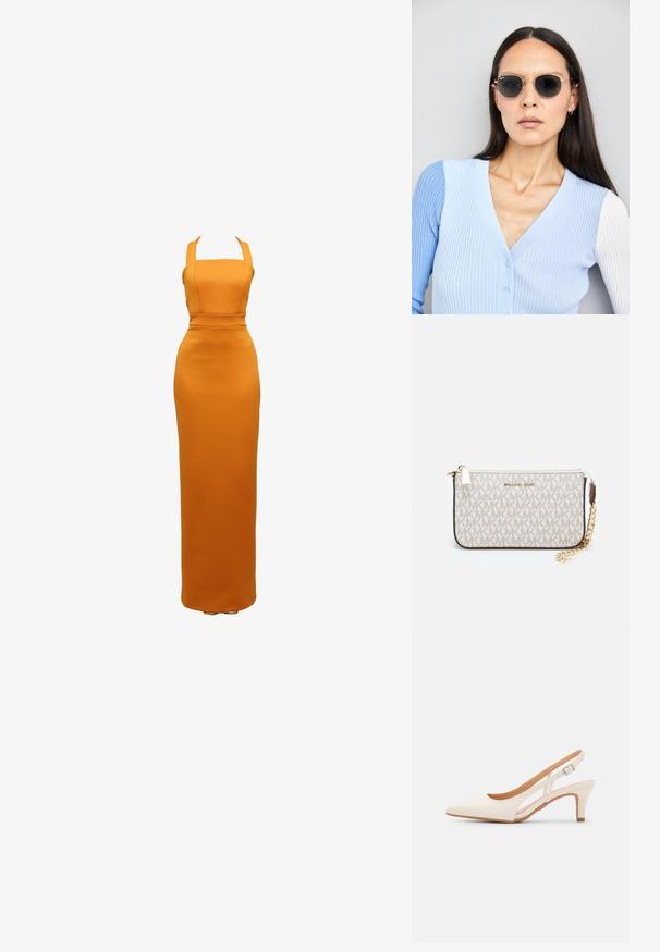 Oranžové, přiléhavé maxi šaty se širokými ramínky a strukturovaným korzetem. Hladká textura s jednobarevným vzorem, sukni sahající až k podlaze.; Bílé lodičky na podpatku s špicatou špičkou, hladkým svrškem, nízkým blokovým podpatkem a designem s bočním výřezem se stahovací sponou.; Kulaté sluneční brýle s tmavými čočkami a zlatými rámy. Modelka má na sobě světle modrý žebrovaný kardigan s knoflíky a kontrastními bílými rukávy.; Kabelka na zápěstí Michael Kors v béžové potažené plátno s opakujícím se vzorem loga MK, zlatými kovovými doplňky a odnímatelným řetízkovým popruhem.