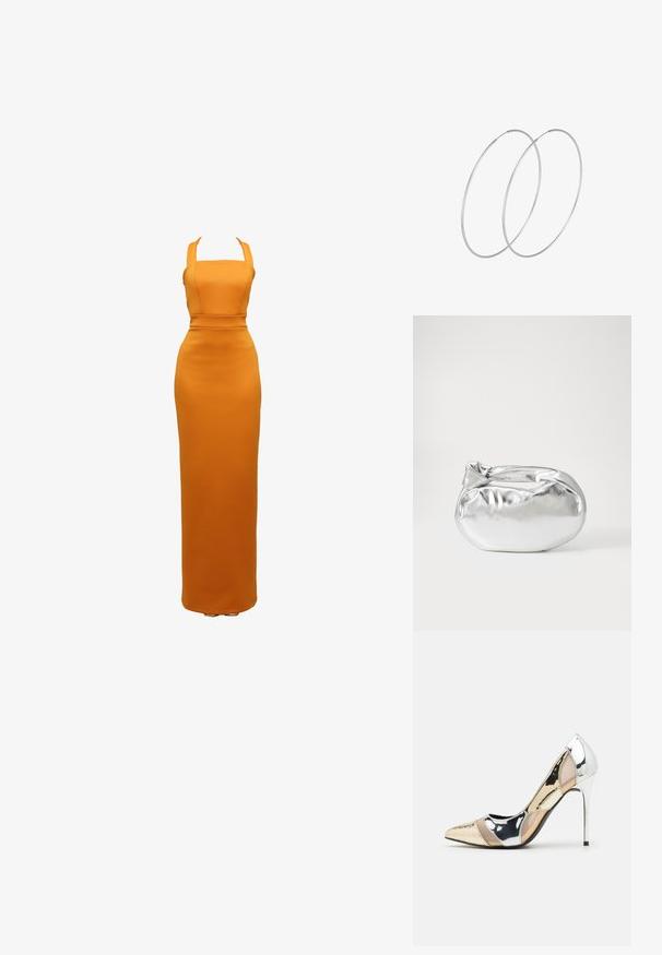 Oranžové, přiléhavé maxi šaty se širokými ramínky a strukturovaným korzetem. Hladká textura s jednobarevným vzorem, sukni sahající až k podlaze.; Lodička s špičatou špičkou a kombinací stříbrné, zlaté a tělové barvy. Lesklý povrch s vykrojeným designem, s jehlovým podpatkem.; Stříbrná kovová taška s měkkým, zaobleným tvarem a uzávěrem s uzlem. Vyrobena z hladké umělé kůže.; Stříbrné kruhové náušnice s minimalistickým designem. Kruh, hladký povrch a tenký profil. Lehká konstrukce s lesklým povrchem.