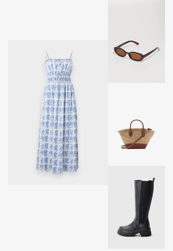 Maksi obleka z modrim in belim cvetličnim tiskom, nastavljivimi naramnicami, nabranim korzetom in prosto padajočo krilo. Narejena iz lahkotnega materiala.; Črne škornje do kolen z gladkim usnjenim zunanjim delom in kontrastnimi elastičnimi stranskimi paneli. Masiven gumijast podplat z izrazitim profilom.; Okrogle, rjavo obarvane sončne naočare z sijočim burgundskim okvirjem. Tanek nosilec s subtilnim logotipom. Oblika leč je ravna.; Tkanina iz slame s kožnimi detajli v rjavi barvi, dva ročaja in snemljiv trak. Ukrojena oblika z trdnim dnom.