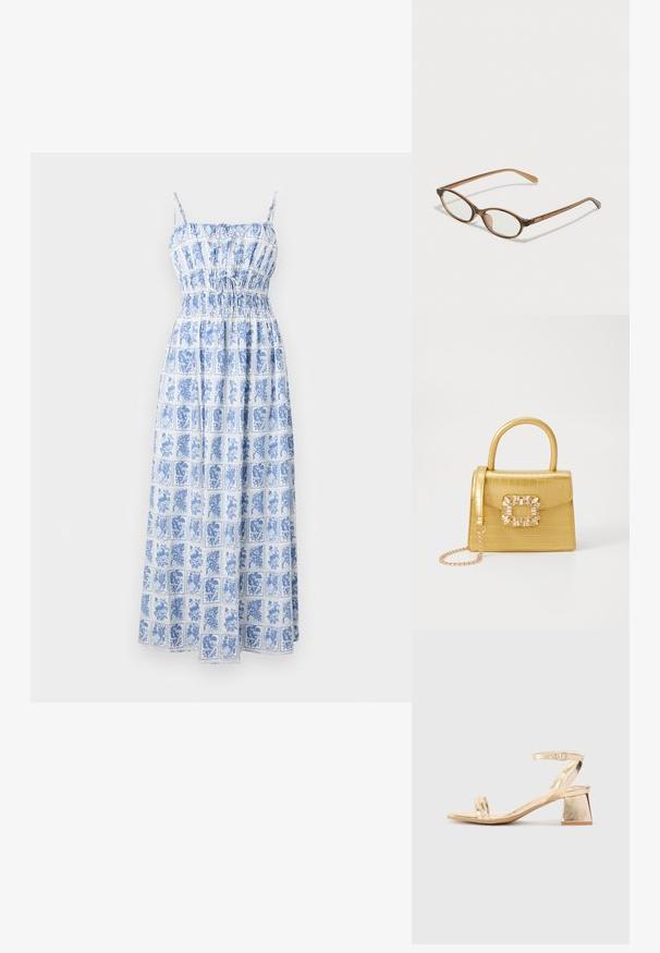 Maksimalus suknelė su mėlynai baltais gėlių plytelių raštais, reguliuojamomis špagato petnešomis, rinkta krūtine ir plazdančia sijona. Pagaminta iš lengvos medžiagos.; Aukso metalinis kulnas sandalai su kampiniu bloku, dviem dirželiais virš pėdos ir reguliuojamu kulkšnies dirželiu. Lygus paviršius.; Rudos aukso dėklai su ovaliais lęšiais, plonomis kojelėmis ir skaidriais akcentais. Ant šventyklos yra subtilus logotipas. Plonas, lengvas dizainas.; Geltonas dirbtinės krokodilo odos rankinukas su standžiu dizainu, viršutine rankena, nuimamu grandininiu dirželiu ir dekoratyviniu krištolo papuošimu ant užsegimo.