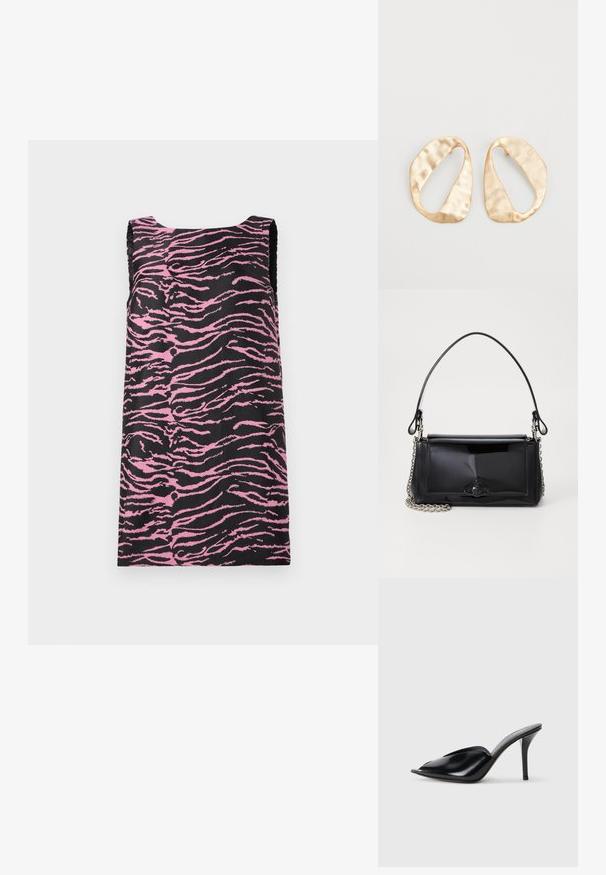 Melnas auduma bez piedurknēm tērps ar rozā tīģera svītru rakstu, taisnas griezuma un gludas tekstūras. Nav redzamu aksesuāru vai akcentu.; Melnas ādas augstpapēžu mūlas ar atvērtu purngalu, vērptu dizainu, gludu tekstūru un šauru stilletu papēdi.; Melnas lakotas ādas rokassomi ar taisnstūra formu, ķēdes siksnu un izteiksmīgu metāla aksesuāru centrā. Gluda tekstūra.; Pāris neregulāras ovālas formas zelta toņos metāla auskaru ar teksturētu, nedaudz sitētu virsmu uz baltas fona.