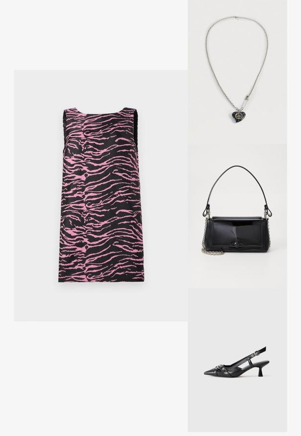 Sukienka bez rękawów z czarnego materiału z różowym wzorem w paski tygrysie, o prostym kroju i gładkiej fakturze. Brak widocznych elementów metalowych lub akcentów.; Czarne skórzane buty typu slingback z ostrym noskiem, ozdobnymi paskami z metalowymi oczkami oraz niskim klinowym obcasem. Teksturowana powierzchnia.; Czarna torebka z lakierowanej skóry o prostokątnym kształcie, z łańcuszkowym paskiem i charakterystycznym akcentem ze sprzętem na środku. Gładka tekstura.; Srebrny naszyjnik z serduszkowym czarnym wisiorkiem z złotymi detalami oraz błyszczącą agrafką przymocowaną blisko wisiorka.