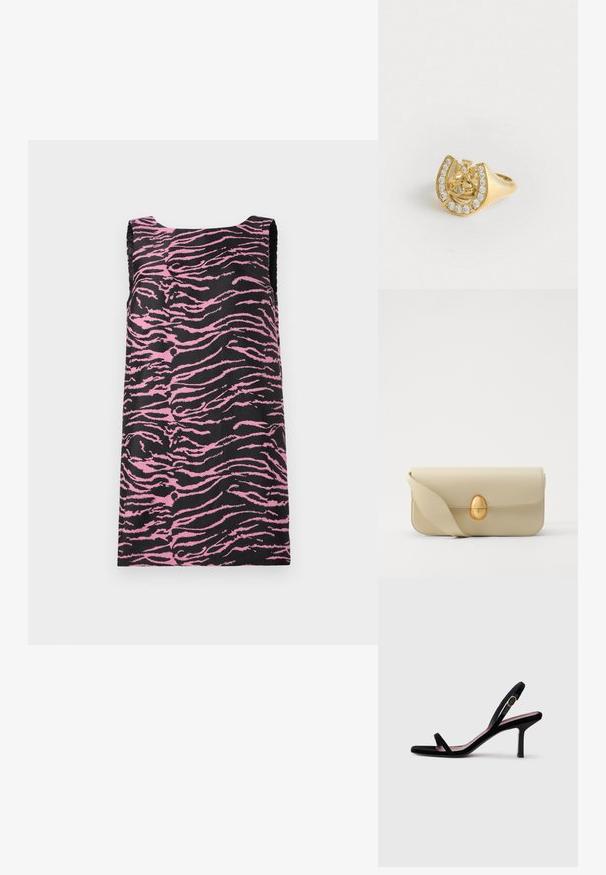 Ärmlös klänning i svart tyg med ett rosa tigerstrippmönster, med en rak skärning och en mjuk textur. Inga synliga detaljer eller accenter.; Svart mocka högklackad sandal för kvinnor med smala remmar och ett guldspänne på vit bakgrund, sidosyn.; Beige läderhandväska med en slät yta, rektangulär form och en gyllene oval lås. Har en lång, justerbar rem.; Guldring med en krondesign inuti en hästsko, dekorerad med små klara ädelstenar, på en vit bakgrund.