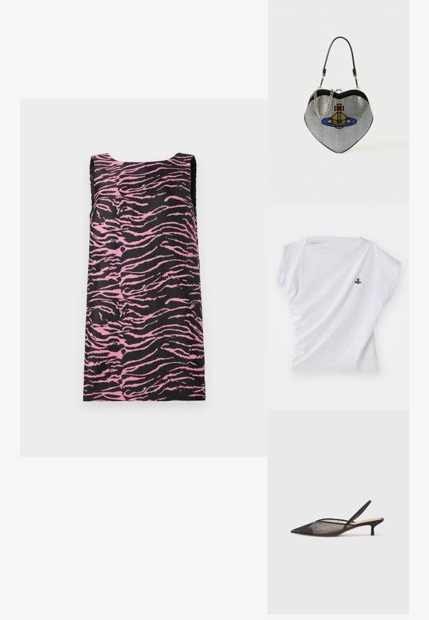 Melnas auduma bez piedurknēm tērps ar rozā tīģera svītru rakstu, taisnas griezuma un gludas tekstūras. Nav redzamu aksesuāru vai akcentu.; Balta īsā piedurkņu T-kreklā izgatavota no kokvilnas, ar nelielu izšuvumu uz krūtīm, kurā attēlots lācis zila kosmosa kuģī.; NEOUS IRENA - Klasiski papēži - black; Sirds formas somiņa izgatavota no sietiņmateriāla ar metālisku apdari, ar kaķa un planētas dizainu zilos, dzeltenos un sarkanajos toņos. Ietver ķēdes siksnu.