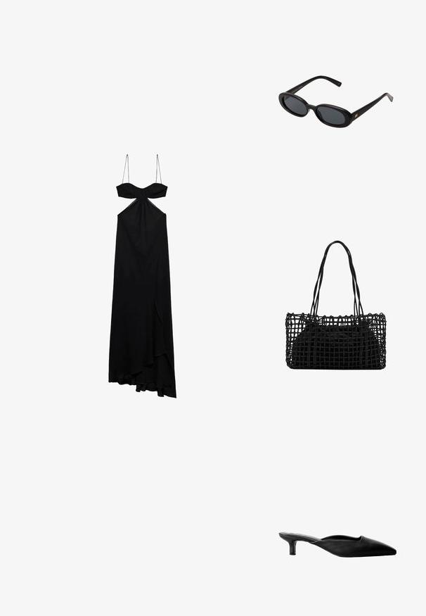 Svart maxiklänning med tunna remmar, knutdetalj vid bysten och framtida slits. Mjuk tyg med en flödande silhuett och asymmetrisk nederkant.; Svart läderklackade mules med spetsig tå, öppen baksida och en låg blockklack. Slät textur med minimalistisk design.; Svarta överdimensionerade solglasögon med ovala linser, slät plastbåge och guldaccent på bågarna. Mörka linser ger solskydd.; Svart vävd handväska med en öppen nätdesign och två långa handtag. Har en solid svart inre väska för förvaring.