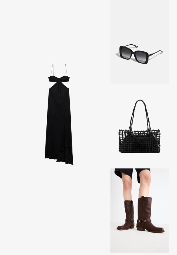 Czarna maxi sukienka z cienkimi ramiączkami, detalem w postaci węzła przy biuście i rozcięciem z przodu. Miękki materiał o zwiewnej sylwetce i asymetrycznym dole.; Brązowe skórzane kozaki do kolan z okrągłym noskiem, teksturowaną powierzchnią, paskiem w okolicy kostki i srebrnymi detalami; na platformie.; CHLOÉ Okulary przeciwsłoneczne; Czarna pleciona torebka z otwartym siatkowym wzorem i dwiema długimi rączkami. Posiada solidną czarną wewnętrzną torbę do przechowywania.
