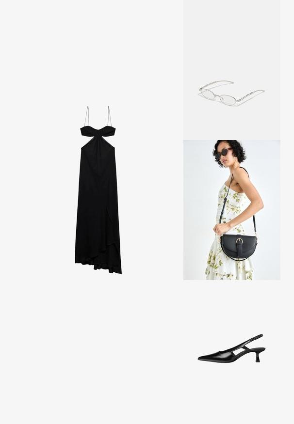 Schwarzes Maxikleid mit dünnen Trägern, Knotendetail an der Brust und Schlitz vorne. Weicher Stoff mit einer fließenden Silhouette und asymmetrischem Saum.; Schwarze Lackleder-Slingback-High Heels mit spitzer Zehenform, ausgeschnittenem Seitendesign und kleinem Blockabsatz. Glatte Textur mit minimalen Akzenten.; Ovale Brillen mit einem metallisch-silbernen Rahmen, klaren Gläsern und strukturierten Perlenakzenten an den Bügeln. Leichtes Design mit gebogenen Bügeln.; Schwarze Lederhandtasche mit geschwungener Form, abnehmbarem Tragegurt und goldenen Beschlägen. Die Tasche verfügt über einen Deckel mit einer Schnallen-Details.