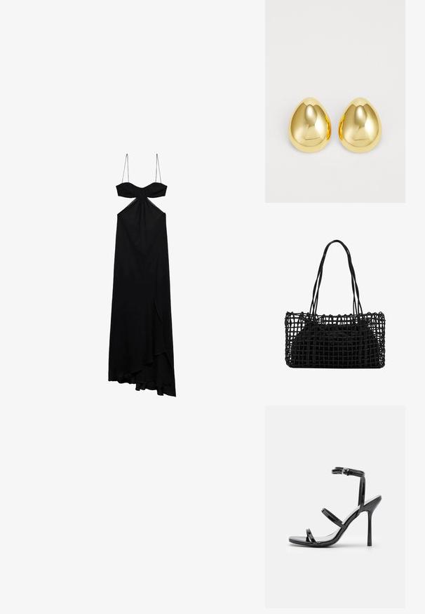 Črna maksi obleka z tankimi naramnicami, z vozeljem na prsih in sprednjim razporkom. Mehka tkanina s tekočo silhueto in asimetrično robom.; Črne lakirane sandale s visokim petami, ki imajo tri vodoravne trakove in nastavljiv gleženjski trak. Eleganten dizajn in sijoča površina.; Črna tkanina torba z odprtim mrežastim dizajnom in dvema dolgima ročajema. Ima trden črn notranji del torbe za shranjevanje.; Zlate stud uhane z gladko, polirano površino in obliko kapljice, ki odbijajo svetlobo in zagotavljajo sijoč končni videz.