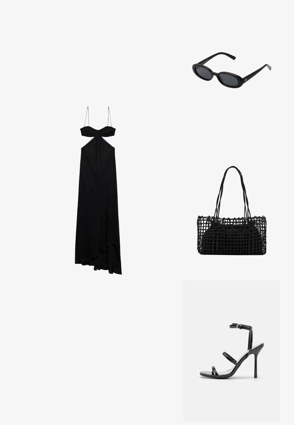 Crna maksi haljina s tankim naramenicama, čvor detaljem na bustu i prednjim prorezom. Mekani materijal s lepršavim siluetom i asimetričnom donjim dijelom.; Crne lakirane kožne sandale s visokom potpeticom, s tri horizontalne trake i podesivom trakicom oko gležnja. Elegantan oblik i sjajan završni sloj.; Crne velike sunčane naočale s ovalnim staklima, glatkim plastičnim okvirom i zlatnim detaljima na sljepočnicama. Tamna stakla pružaju zaštitu od sunca.; Crna tkana torba s otvorenim mrežastim dizajnom i dvije duge ručke. Sadrži čvrstu crnu unutarnju torbu za pohranu.