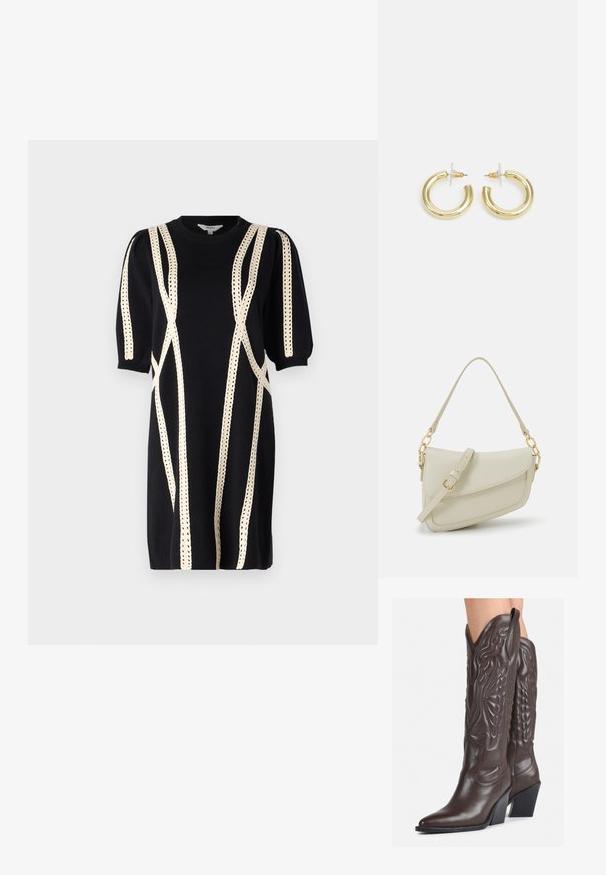 Robe en tricot noire avec des manches bouffantes, présentant des coutures décoratives crème en motifs linéaires. Encolure ras du cou et longueur jusqu'au genou.; Bottes de cowboy en cuir marron avec un bout pointu et un talon bloc, présentant des coutures détaillées et des accents en relief sur la tige.; Petit sac à main crème avec une finition texturée, une longue sangle réglable, un accent en chaîne et une fermeture à rabat. Détails en matériel doré.; Boucles d'oreilles en or avec une finition lisse et brillante. Design circulaire présentant un petit clou et une attache transparente pour un port sécurisé.