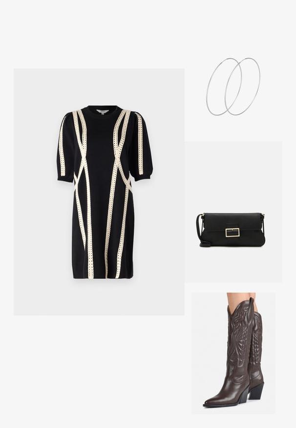 Abito in maglia nera con maniche a sbuffo, caratterizzato da cuciture decorative color crema in motivi lineari. Collo a giro e lunghezza fino al ginocchio.; Stivali da cowboy in pelle marrone con punta affusolata e tacco a blocco, caratterizzati da dettagliati ricami e accenti rialzati sul gambale.; Borsa a mano in pelle nera con patta e dettaglio in metallo dorato. Include una tracolla nera e un design elegante e minimalista.; Orecchini a cerchio in argento con un design minimalista. Forma circolare, superficie liscia e profilo sottile. Leggeri con una finitura lucida.