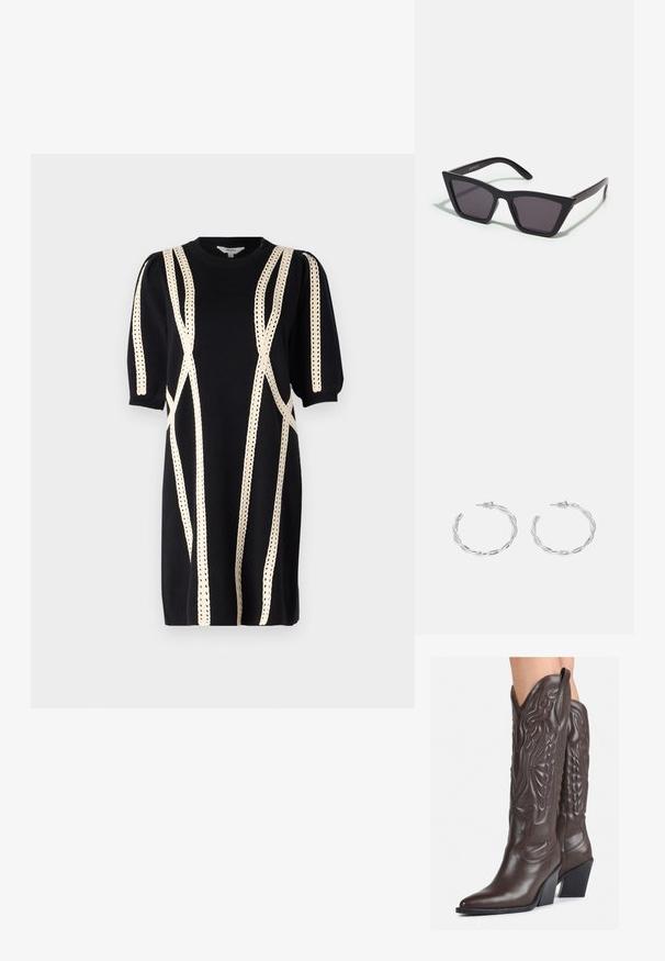 Fekete kötött ruha puffos ujjakkal, krémszínű dekoratív varrással, amely vonalas mintákat formáz. Kerek nyakkivágás és térdig érő fazon.; Barna bőr cowboy csizmák hegyes orral és blokk sarkal, részletes varrással és kiemelkedő díszítésekkel a szárán.; Fekete, szögletes napszemüveg szürke lencsékkel; műanyagból készült, vastag karokkal, sima felülettel és látható hardver nélkül.; Ezüst karika fülbevalók csavart kialakítással, fényes felülettel és fülbevaló tűzáras zárással. Átmérőjük körülbelül 3 cm.