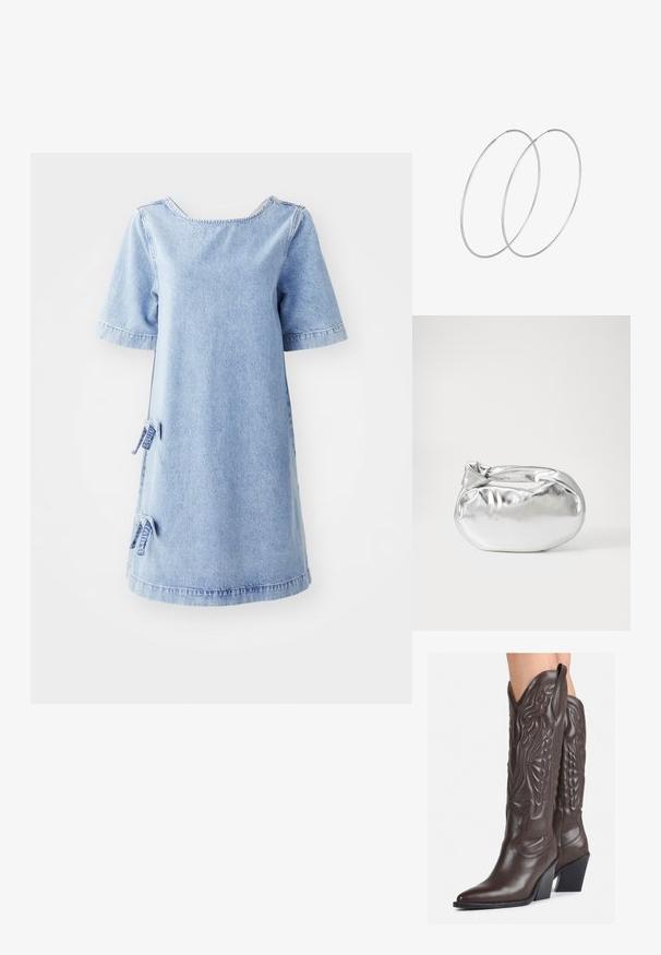 Gaiši zils džinsu kleita ar īsām piedurknēm, kvadrātveida kakla izgriezumu un sānu saitēm. Iespējo brīvu piegriezumu un neapstrādātus apakšmalas detalizācijas.; Brūni ādas kovboju zābaki ar norādītu purngalu un blokveida papēdi, ar detalizētu šūšanu un paceltiem akcentiem uz kājas daļas.; Sudraba metāliska poga somiņa ar mīkstu, noapaļotu formu un mezgla augšējo aizdari. Izgatavota no gludas mākslīgās ādas materiāla.; Sudraba gredzenveida auskari ar minimālistisku dizainu. Cirkulāra forma, gluda tekstūra un plāns profils. Vieglu svaru ar spīdīgu apdari.