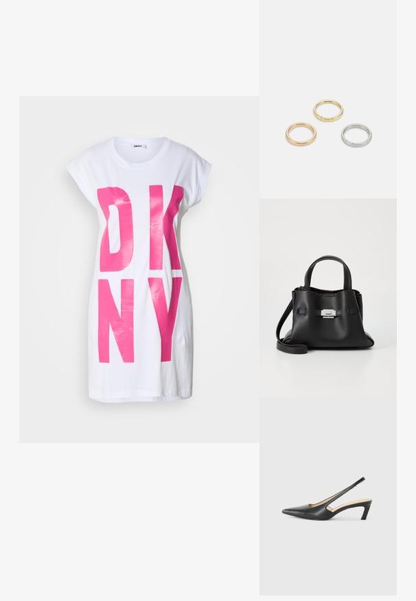 Tricou alb supradimensionat cu litere mari, lucioase, roz "DKNY". Mâneci scurte și o croială lejeră, realizat din material de bumbac moale.; Pantof cu toc mic, cu vârf ascuțit și slingback, realizat din piele netedă, având un design decupat pe lateral pentru respirabilitate.; Geantă de mână din piele neagră cu o finisare texturată, având două mânere superioare, o curea de umăr detașabilă și un detaliu cu închidere din argint.; Trei inele din metal: unul roz aurie, unul auriu cu accente texturate și unul argintiu, toate cu branding gravat pe banda interioară.