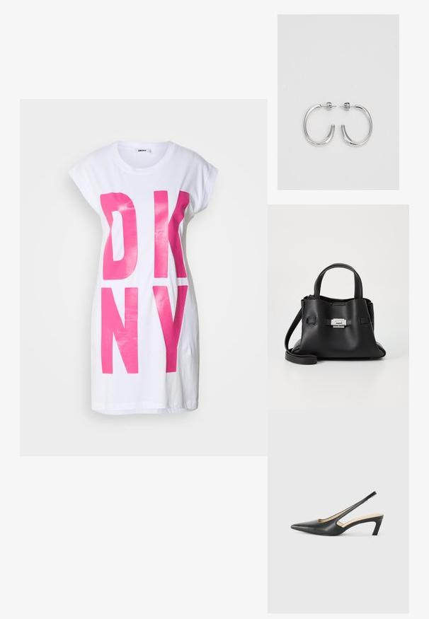 Biela oversized tričko s veľkými, lesklými ružovými písmenami "DKNY". Krátke rukávy a uvoľnený strih, vyrobené z mäkkej bavlny.; Čierne slingback topánky s ostrou špičkou a nízkym opätkom, vyrobené z hladkej kože a s výrezmi na boku pre lepšiu priedušnosť.; Čierna kožená kabelka s textúrovaným povrchom, ktorá má dve vrchné rukoväte, odnímateľný popruh cez rameno a strieborný uzáver.; Strieborné kruhové náušnice s hladkým a lesklým povrchom. Okrúhly tvar, ľahký dizajn, s uzáverom na kolík.