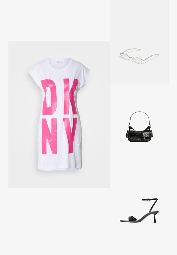 Biała, oversize'owa koszulka z dużymi, błyszczącymi różowymi literami "DKNY". Krótkie rękawy i luźny krój, wykonana z miękkiej bawełny.; Bershka - Sandały na obcasie; Owalne okulary z metaliczną srebrną ramą, przezroczystymi soczewkami oraz teksturowanymi akcentami na zausznikach w formie koralików. Lekka konstrukcja z wygiętymi ramionami.; Czarna torebka z lakierowanej skóry o zaokrąglonym kształcie, z jednym paskiem na ramię, przednimi kieszeniami i akcentami w kolorze srebrnym.