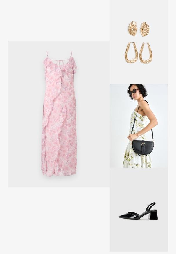 Rochie maxi floral roz deschis, cu bretele subțiri, accente volăle de-a lungul gulerului și pe laterale, material ușor, design fluid.; Pantofi cu toc slingback din piele lacuită neagră, cu vârf ascuțit și toc geometric. Prezintă un design elegant, minimalist și o textură netedă.; Geantă din piele neagră, cu o formă curbată, curea detașabilă și accesorii aurii. Geanta are un capac cu un detaliu tip cataramă.; Cercei aurii cu forme texturate și ondulate. Include studs sculpturale cu clip și un design de cerc deschis cu un finisaj cioplit.
