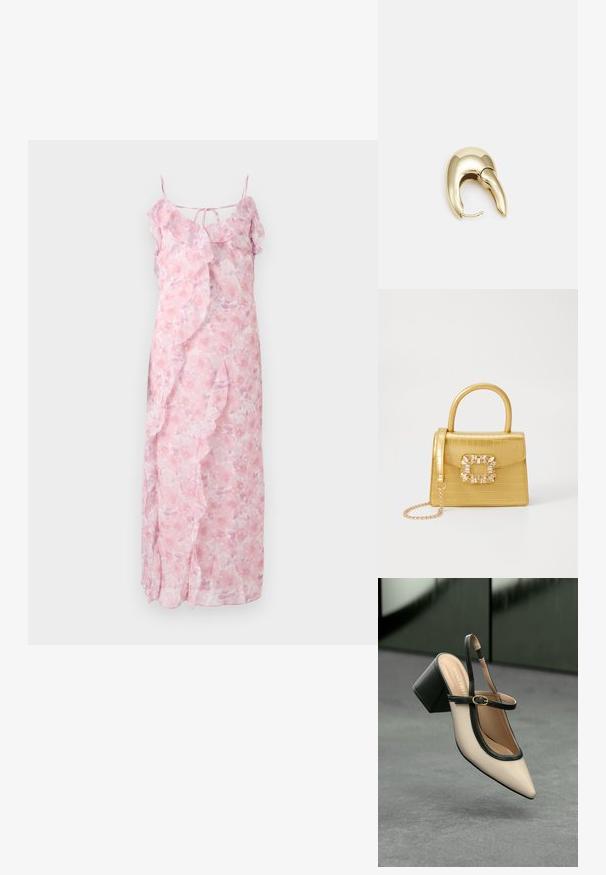 Rochie maxi floral roz deschis, cu bretele subțiri, accente volăle de-a lungul gulerului și pe laterale, material ușor, design fluid.; Pantof divers în nuanță bej, cu vârf ascuțit, curea de susținere în spate, cu margine neagră, cataramă aurie și toc gros pe un podea gri, cu un fundal verde închis.; Geantă galbenă din faux-crocodil cu un design structurat, mână superioară, curea detașabilă cu lanț și embellisment decorativ cu cristale pe închidere.; Cercei din metal de culoare aurie cu un design elegant și curbat. Prezintă o formă distinctivă, ascuțită, o suprafață lustruită și un sistem de închidere cu balama.