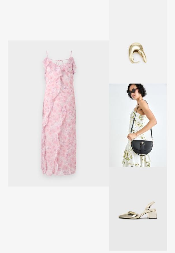 Lys rosa, blomstrete maxikjole med spaghetti-stropper, volanger langs utringningen og sidene, lett stoff og svaiende design.; Gull, metallisk slingback-hæler med spiss tå og chunky hæl. Glatt tekstur, minimalistisk design og en smal stropp.; Svart lærveske med en buet form, avtagbar stropp og gullbeslag. Vesken har et klaff med spenne-detall.; Gullfarget metalløredobber med et elegant, buet design. Har en karakteristisk spiss form, polert overflate og hengsel-lukking.