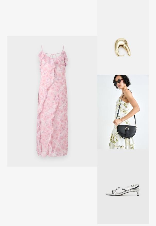 Vaaleanpunainen kukallinen maksimekko, jossa on spagettiolkaimet, röyhelökoristeet kaula-aukossa ja sivuilla, kevyttä kangasta, virtaava muotoilu.; Hopeasaumaiset nilkkapanta-sandaalit matalalla korolla, joissa on ristikkäiset hihnat ja sileä pinta. Minimalistinen muotoilu.; Musta nahkainen käsilaukku, joka on kaareva muotoilultaan, irrotettavalla hihnalla ja kultaisilla yksityiskohdilla. Laukussa on läppä, jossa on solk yksityiskohta.; Kultahipuinen korvakoru, jossa on sulavalinjainen, kaareva muotoilu. Ominaisuuksiin kuuluu erottuva terävä muoto, kiillotettu pinta ja sarana kiinnitys.