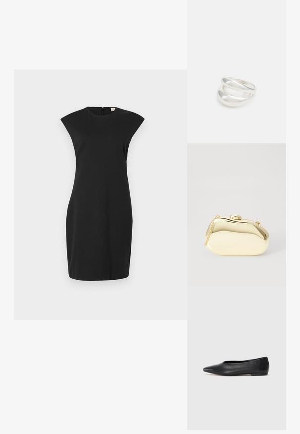 Melnas īsas kleitas elegants dizains, ar kapu aizsargapģērbu, augstu kakla izgriezumu un slēptu rāvējslēdzēju aizmugurē. Gluda, stiepjas auduma.; Melna ādas baleta kurpe, ar norādītu purngalu, minimālisma dizains, gluda tekstūra, zema papēža augstums, bez redzamiem aksesuāriem vai rotājumiem.; Metāliska zelta maciņš ar gludu, noapaļotu formu, aprīkots ar augšējo pogu aizdari un mazu ķēdes siksniņu ērtai nēsāšanai.; Sudraba divu joslu gredzens ar gludu, pulētu virsmu. Iezīmējas ar plūstošu, izliekta dizaina struktūru ar pārklājošām sekcijām modernam izskatam.