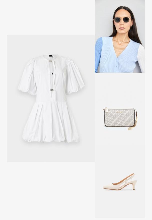 Bijela haljina s balonastim rukavima, obrascom tijela i plisiranom suknjom. Sadrži srebrne metalne kopče na izrezu i glatku pamučnu površinu.; Bijela slingback peta s oštrim vrhom, glatkim gornjim materijalom, niskom blok peta te dizajnom s bočnim izrezom i podešivom kopčom.; Ok Runde sunčane naočale s tamnim staklima i zlatnim okvirom. Model nosi svijetloplavi rebrasti kardigan s gumbima i kontrastnim bijelim rukavima.; Michael Kors novčanik na zapešću u bež premazanoj tkanini s ponavljajućim uzorkom MK loga, zlatnim hardverom i odvojivim lancem za nošenje.