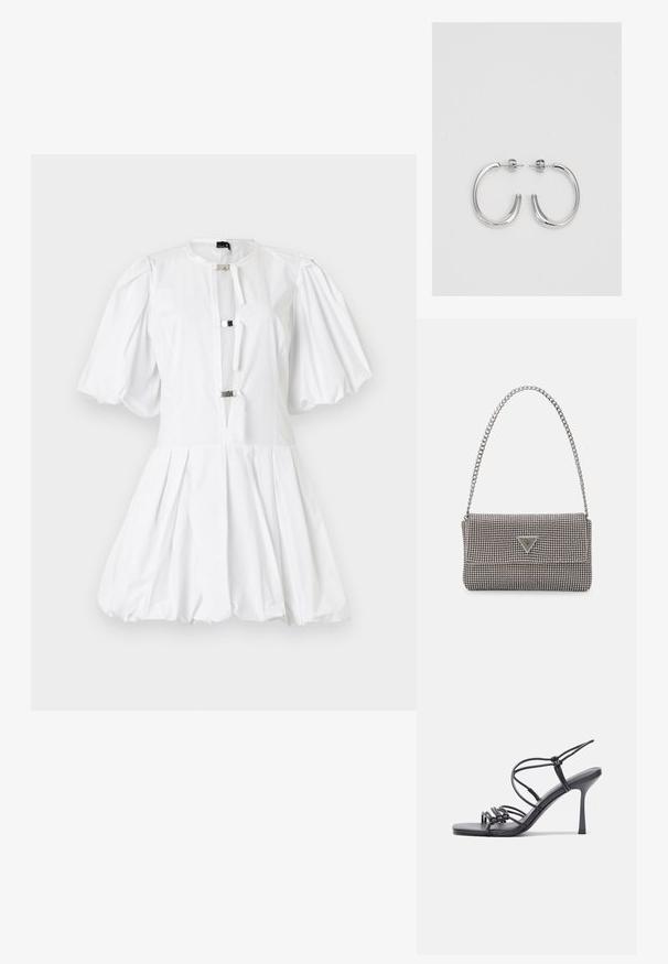 Valge puff-sleeve kleit, millel on vormiv kehaosa ja pleedirõhk. Sisel on hõbedased riidest kinnitused kaeluses ja sile puuvillane tekstuur.; Mustad musta värvi kontsandaalid on varustatud peente rihmadega, millel on sõlmekujundus, siledad ruudukujulised varbad ja stiilne stilettokonts.; Helehall metallik handbags, millel on kett, kaunistatud väikeste ümmarguste metallist õmblustega ja kolmnurkse brändi logoga.; Hõbedased rõngaskõrvarõngad, millel on sile ja läikiv pind. Ümar kuju, kerge disain, millel on post-tagumise kinnituse süsteem.