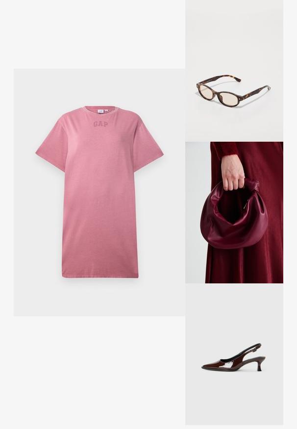 Jednobarevné tričko v prachově růžové barvě s krátkým rukávem, kulatým výstřihem a jemným logem "GAP" na hrudi.; Hnědé lakované kožené slingback boty s špičatou špičkou a mírným podpatkem. Disponují přezkou pro bezpečné upevnění. Hladký povrch.; Sluneční brýle ve tvaru zakulacené skořápky s lehkými čočkami. Mají robustní nohy se zlacenými akcenty, vyrobené z plastového materiálu.; Burgundská kožená kabelka s měkkým, nabíraným designem a zaobleným tvarem. Ucho je zajištěné a vykazuje hladkou texturu.