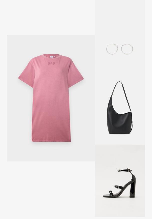 Vienkārša putekļrose krāsas īsām piedurknēm T-kreklā ar aploka kaklu un diskrētu "GAP" logotipu uz krūts.; Melnas lakotas augstpapēžu čības ar kvadrāta purngalu, potīšu siksniņām un sudraba sprādzēm. Aprīkotas ar masīvu bloku papēdi stabilitātei.; Melnas ādas hobo soma ar gludu tekstūru, izliekta forma un vienu regulējamu jostu; augšā ir plaša atvere.; Sudraba riņķa auskari ar elegantu, apaļu dizainu, kas izceļas ar gludu virsmu un bez redzamām rotājumām. Diametrs netiek norādīts.