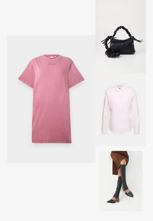 Rožinė medvilninė marškinėliai su trumpomis rankovėmis, apvalia iškirpte ir subtiliu "GAP" logotipu ant krūtinės. Minkšta tekstūra ir laisvas prigludimas.; Šviesiai rožinė ilgom rankovėm marškiniai su užsegamu apykakle, turintys tiesią apatinę kraštinę ir minkštą tekstūrą, pagaminti iš lengvo medvilnės audinio.; Juodi lakuoti odiniai batai su aštriu kuma ir bloko kulnu, derinami su pilkais riebiais kojų šildytuvais ir rudais zomšiniais sijonais.; Juodas dirbtinės odos rankinė su krokodilo tekstūra, sušnibždinta viršuje ir susikraipytu dirželiu. Atrodo minkšta ir kompaktiška.
