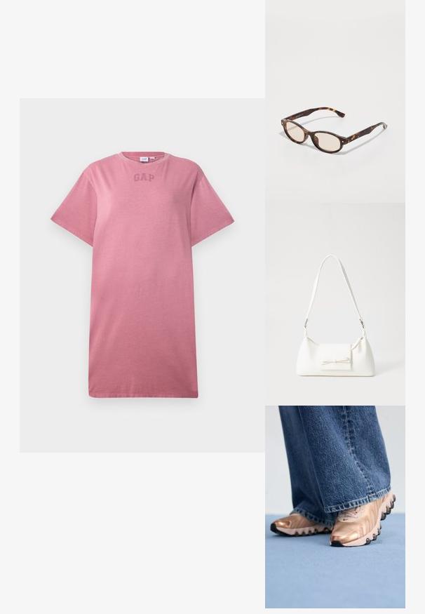 Yksivärinen pölynpunainen lyhythihainen T-paita, jossa on pyöreä kaula-aukko ja hillitty "GAP"-logo rinnassa.; Tennarit, joissa on metallinhohtoinen ruusukultainen päällinen ja tekstuurinen muotoilu, varustettuna mustilla kumipohjilla. Yhdistettyinä leveälahkeisten sinisten farkkujen kanssa.; Silmukaisvartiset aurinkolasit, joissa on pyöristetty muoto ja kevyet linssit. Varret ovat tukevat ja niissä on pieniä kultaisia yksityiskohtia, valmistettu muovimateriaalista.; Valkoinen synteettinen käsilaukku, jossa on kolmikulmainen muoto, tasainen etu läppä ja nauhadetail, säädettävä olkahihna, sileä rakenne ja minimalinen muotoilu.