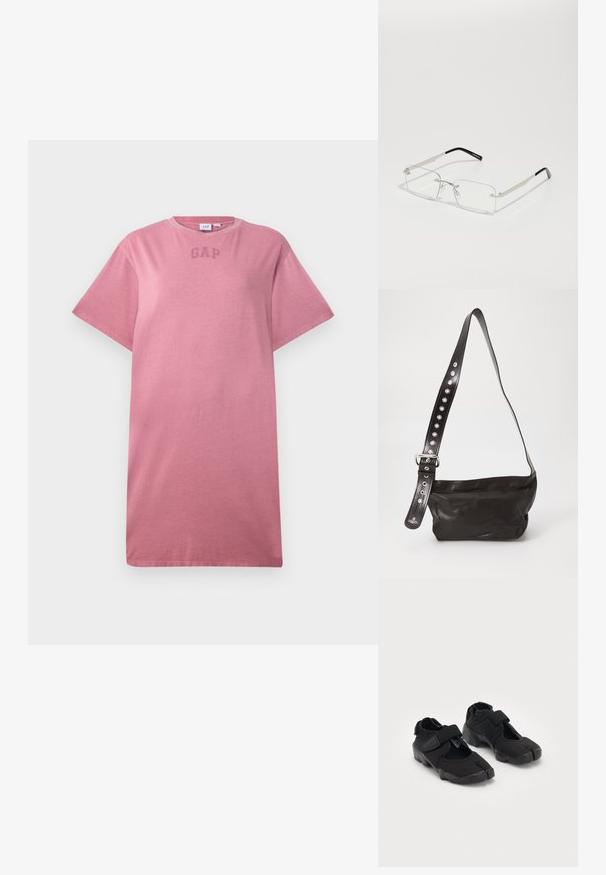Kratki rukav T-majica u prašnjasto ružičastoj boji, s okruglim izrezom i suptilnim "GAP" logotipom na prsima.; Crne vodene cipele od fleksibilnog materijala s čičak trakama, s jedinstvenim dizajnom razdvojenog prsta i teksturiranom gumenom potplatom za bolje prianjanje.; Pravilne naočale s prozirnim lećama, s tankim okvirom od srebrnog metala i crnim acetatnim vrhovima. Karakterizira ih minimalno hardversko rješenje za elegantan dizajn.; Crna kožna torba na rame s teksturiranim završetkom, koja ima široki podesivi remen ukrašen srebrnim zakovicama i metalnom kopčom.