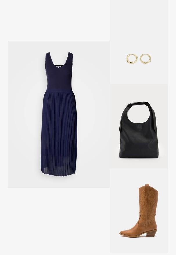 Jūras zila kleita ar ribotu augšdaļu, v-veida kakla izgriezumu un plišu, plūstošu svārku. Audums ir mīksts un viegls.; Brūni ādas kovboju zābaks ar norādītu purngalu, izšūtām viļņveida apakšējo detaļu un sakrautajiem blokiem. Iezīmēts ar velkšanas cilpu ērtai uzvilkšanai.; Melna ādas hobo soma ar vienu mīkstu, noapaļotu rokturi; tai ir gluda virsma un minimālistisks dizains. Nav redzamu metāla detaļu vai akcentu.; Zelta riņķveida auskari ar tekstūru un neregulāru formu. Iekļauj bezšuvju aizdari un pulētu virsmas apdari, uzsverot mūsdienīgu dizainu.