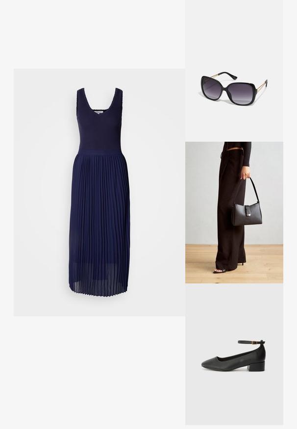 Marinblå klänning med ribbad överdel, v-ringning och en plisserad, flödande kjol. Tyget är mjukt med en lätt textur.; Svart läderpump med spetsig tå och en låg klack. Har en ankelsnodd med en guldtonad spänne. Slät textur.; Svarta överdimensionerade solglasögon med gradientlinser, tjocka bågar och kedjedetaljer i guldton vid tempelarmarna.; Svart handväska med strukturerad form, slät yta och metallspänne. Matchad med vida svarta byxor och sandaler med öppen tå på trägolv.
