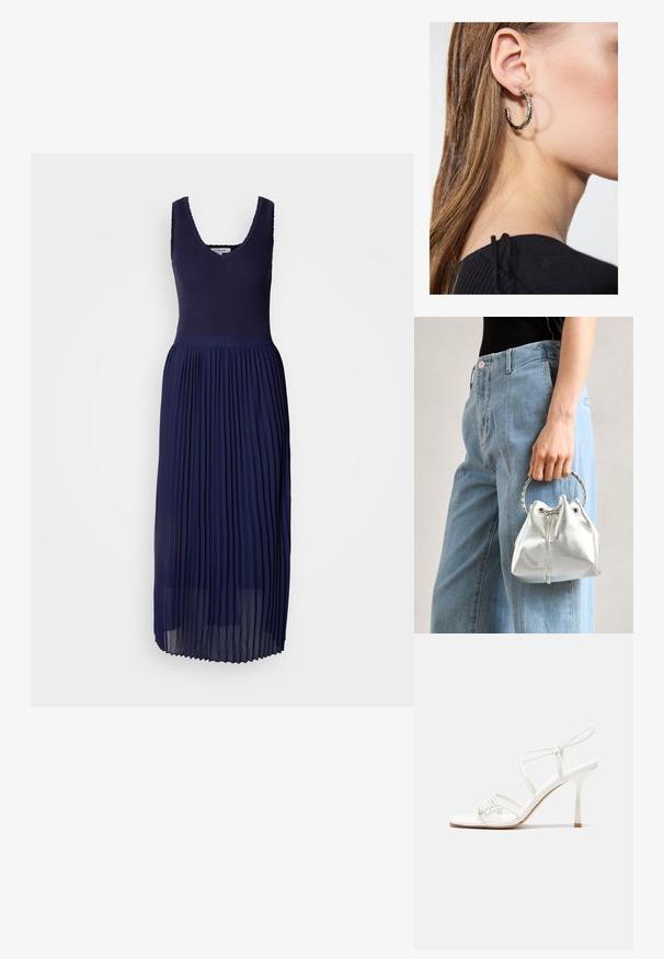Námornícky modré šaty so žebrovaným korzetom, výstrihom do V a plisovanou, splývavou sukňou. Materiál je mäkký s ľahkou textúrou.; Biele sandále na vysokom podpätku so štíhlym remienkom okolo členku a plochou základňou na prsty, textúrovaný predok so zhluky akcentov.; Metalická strieborná kabelka s textúrovaným povrchom, zdobená striebornou okrúhlou rukoväťou a uzáverom na šnúrku, držiaca sa pred svetlo modrými džínsami.; Strieborná kruhová náušnica s lesklým povrchom, obsahujúca malé zlaté akcenty a okrúhly tvar, nosená na lalôčiku ucha.