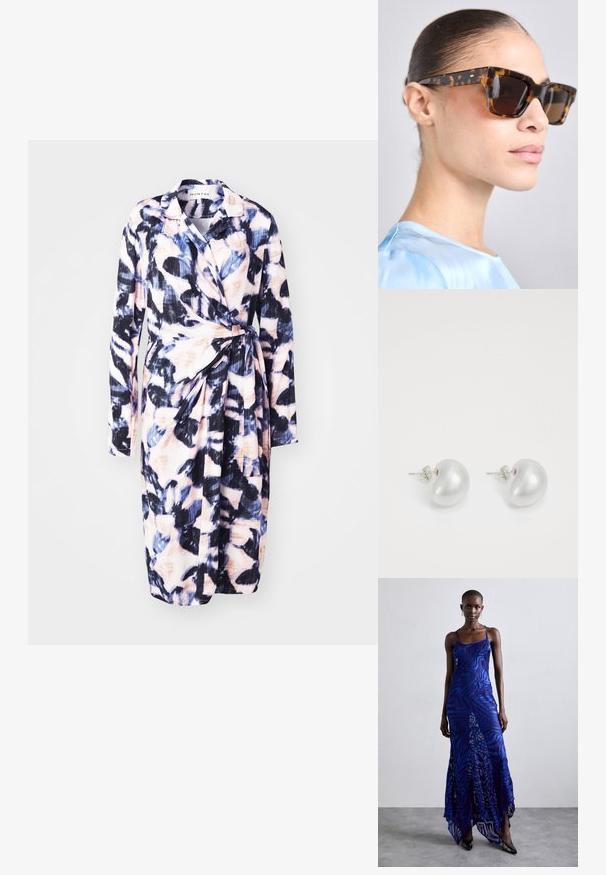 Gėlėta apvalkalo suknelė iš lengvos medžiagos; turi ilgus rankovės, juosmens raištį ir mėlynų, rožinių bei juodų spalvų raštą.; Mėlynas ir purpurinis gyvūnų rašto ilgas suknelė su plonomis petnešomis, prigludusia krūtinės dalimi, plačiu apvadu ir permatomais akcentais.; Žirafų rašto saulės akiniai su masyviu, stačiakampiu rėmu. Tamsūs lęšiai ir auksinės spalvos akcentai ant šventyklių. Lygus, blizgus paviršius.; Sidabriniai perlų auskarai su kreivai suformuota pupelės forma. Lygus, blizgus paviršius, uždaromi segtuku ir atgaline fiksacija.