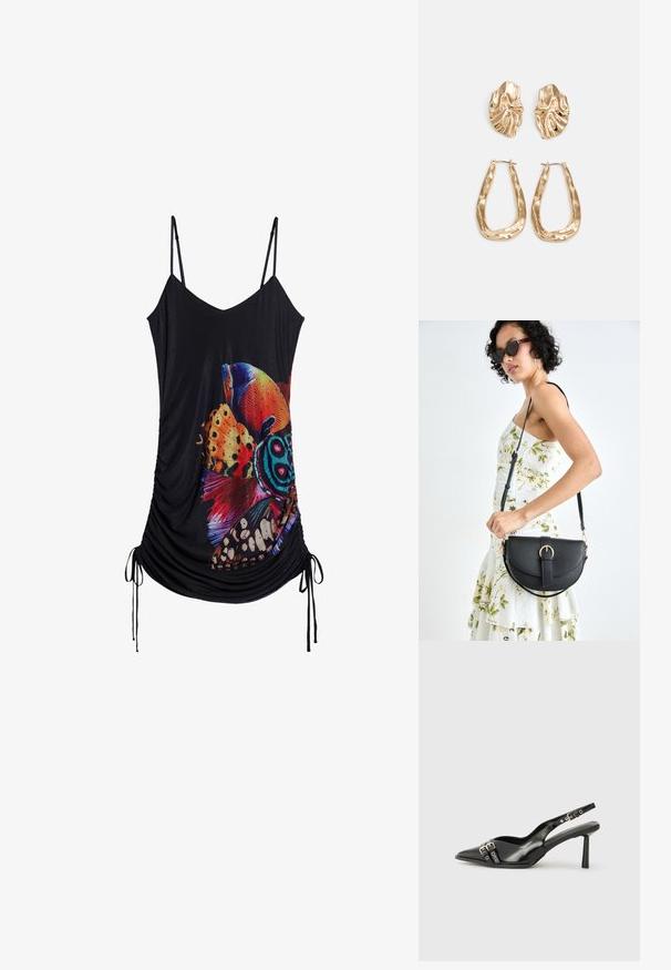 Desigual Vardagsklänning - black; Svart lackläder slingbacksko med spetsig tå, ankelremmar med silverfärgade spännen och detaljer samt en smal klack.; Svart läderhandväska med en böjd form, avtagbar rem och guldiga detaljer. Väskan har ett lock med en spänndetalj.; Örhängen i guldton med texturerade, vågiga former. Inkluderar skulpturala clip-on-stift och öppen hoop-design med hamrad finish.