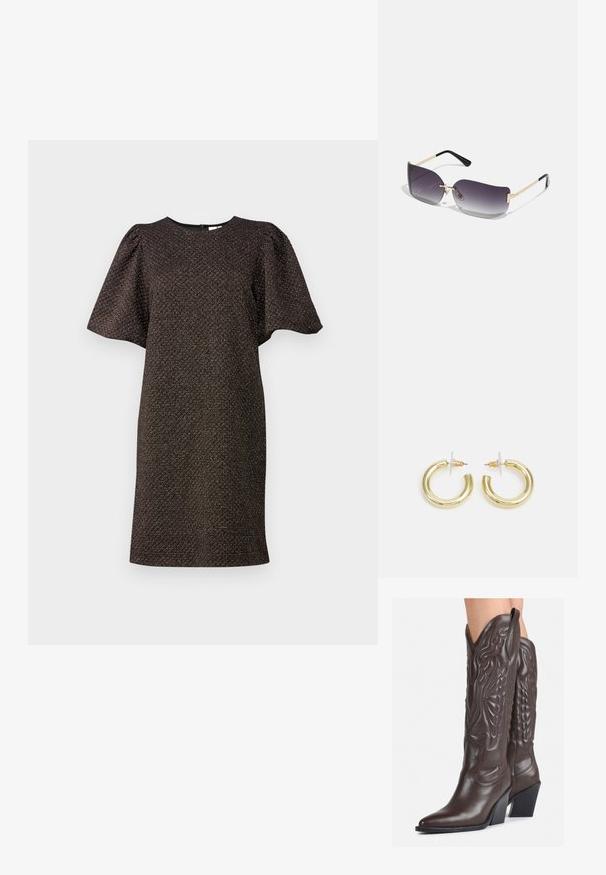 Vestido de mangas curtas em tecido castanho escuro com um padrão texturizado. Apresenta um decote redondo e mangas bufantes subtis para um volume adicional.; Botas de cowboy em couro castanho com bico pontudo e salto quadrado, apresentando costuras detalhadas e realces elevados no cano.; Óculos de sol com lentes de gradiente cinza, armação de metal dourado e detalhes em plástico preto. Lentes em formato de borboleta únicas, com hastes finas.; Brincos em argola dourados com um acabamento liso e brilhante. Design circular com um pequeno pino e suporte transparente para um uso seguro.