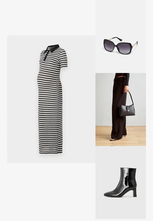 Fekete-fehér csíkos kismama ruha, polo gallérral és rövid ujjakkal, testhezálló sziluettel és texturált anyaggal.; Fekete lakk bőrcipő bokáig érő, hegyes orral és közepes magasságú tömbsarokkal. Simább textúrával és minimalista dizájnnal rendelkezik.; Fekete, oversize napszemüveg fokozatos árnyalatú lencsékkel, vastag kerettel és arany színű lánc díszítéssel a szárakon.; Fekete kézi táska strukturált formával, sima textúrával és fémből készült záródással. Széles fekete nadrággal és nyitott orrú szandállal párosítva, fából készült padlón.