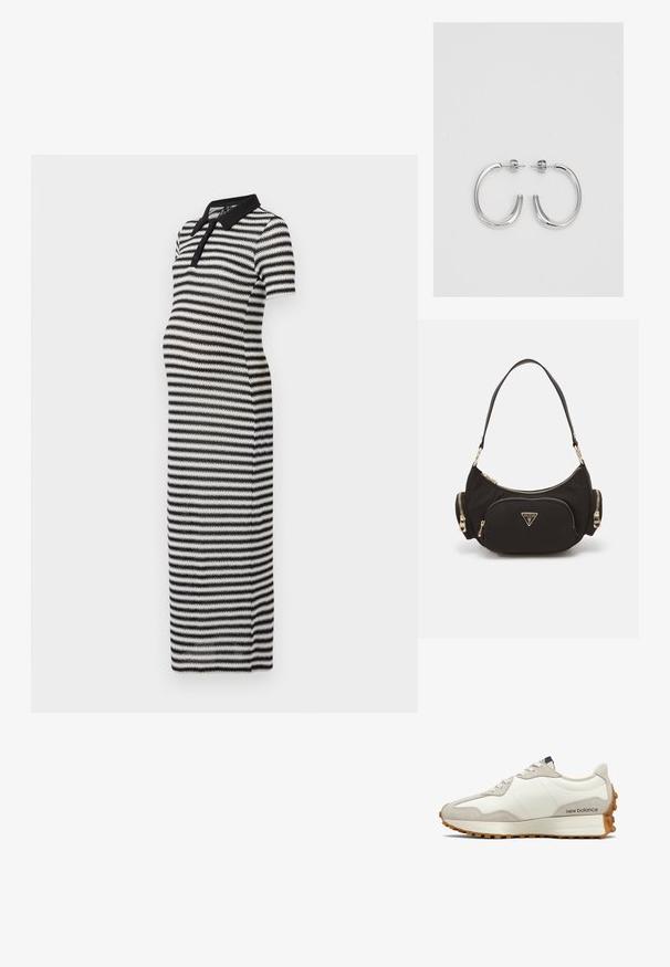 Czarna i biała szmizjerka ciążowa w paski, z kołnierzykiem polo i krótkimi rękawami, o dopasowanym kroju i fakturowanej tkaninie.; Białe i beżowe sneakersy z gładkiej skórzanej cholewki, zamszowymi akcentami, zaokrąglonym noskiem i teksturowaną gumową podeszwą. Nazwa marki nadrukowana na boku.; Czarna torba na ramię z tkaniny z złotymi akcentami, z główną przegrodą na zamek i dwiema mniejszymi kieszeniami na zamek po bokach.; Srebrne kolczyki na biglu o gładkim, błyszczącym wykończeniu. O zaokrąglonym kształcie, lekkim designie, z zamknięciem na zatrzask.