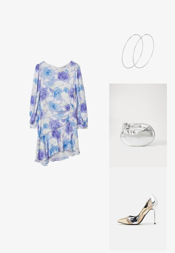 Abito floreale realizzato in tessuto leggero, con motivo di rose blu pastello e viola, maniche lunghe, scollatura rotonda e orlo arricciato.; Scarpa con tacco alto a punta, con una combinazione di colori argento, oro e nudo. Finitura lucida con design a ritaglio, con tacco a stiletto.; Borsa a pochette metallica argentea con una forma morbida e arrotondata e chiusura superiore annodata. Realizzata in materiale sintetico morbido.; Orecchini a cerchio in argento con un design minimalista. Forma circolare, superficie liscia e profilo sottile. Leggeri con una finitura lucida.